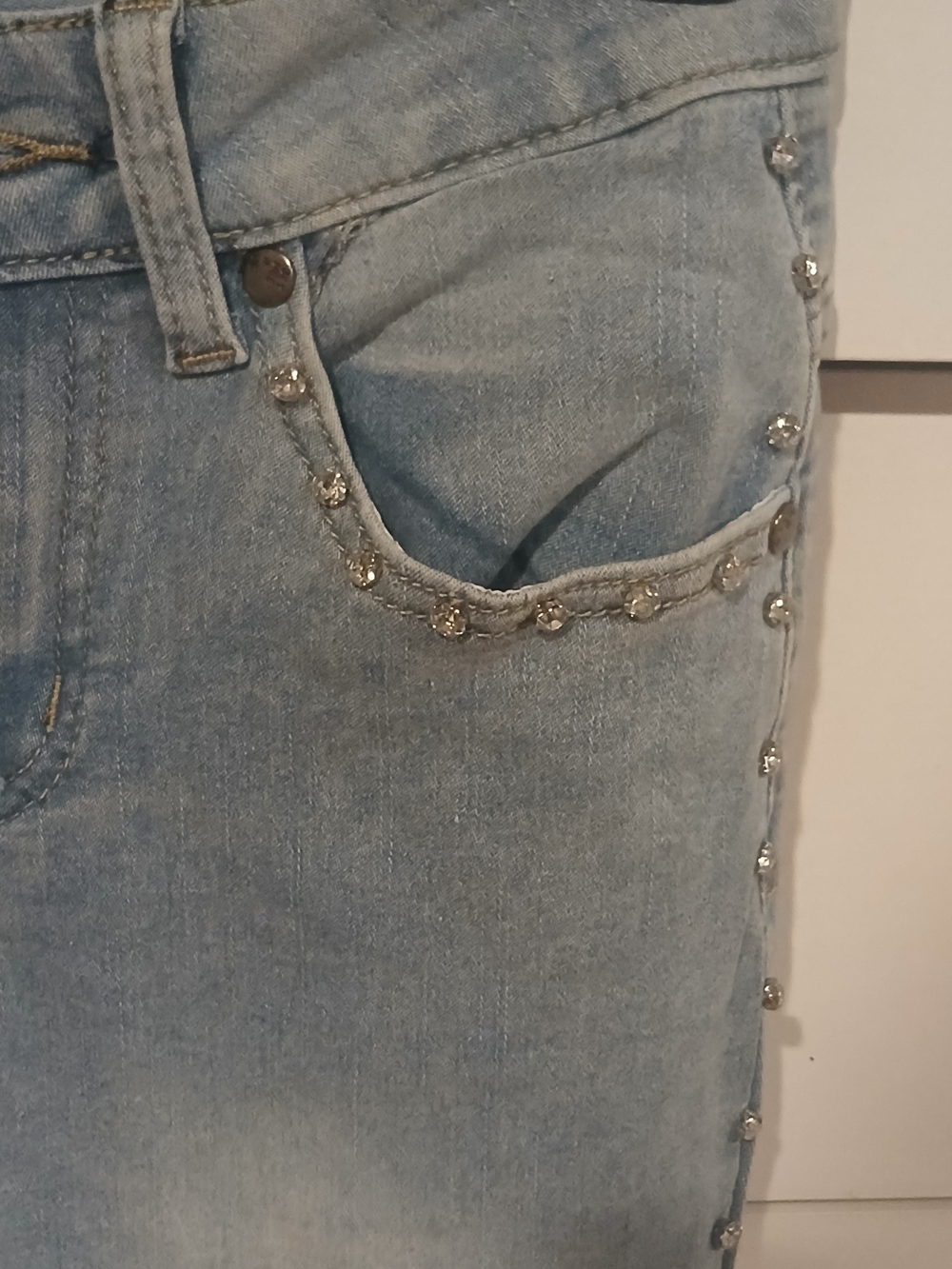 Light Wash Straight Leg Womens Jeans with Rhinestone Trim